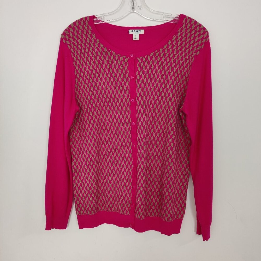 Old Navy Women's Cardigan Size L Cotton Barbiecore Pink Tan Knit Geometric Prep